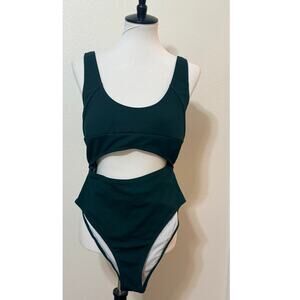 Ribbed One Piece Cut Out Padded Swim Suit Dark Green - NWOT - Size XL